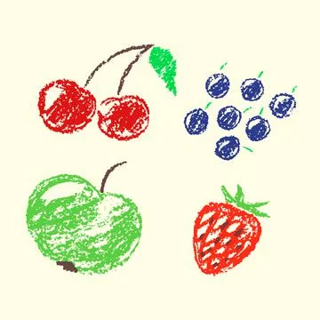 Set of hand drawn wax crayon fun color juicy fruits Stock Illustration