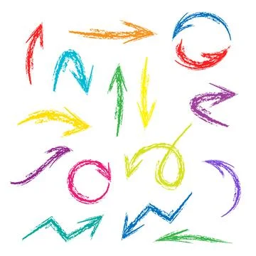 Set of hand drawn wax crayon fun colorful arrows. Hand painting design elem.. イラスト素材