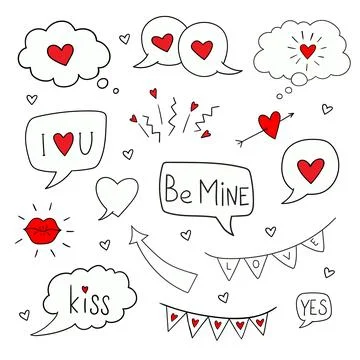 Set of hand-drawn Wedding elements. sketchy love and hearts doodles Illustrazione stock