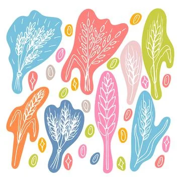 Set of hand drawn wheat ears. Grain spikelets. Doodle, sketch. Bakery desig.. Stock Illustration