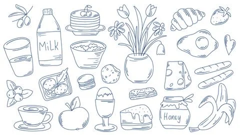 Set hand drawn whimsical breakfast themed illustrations Stockillustratie
