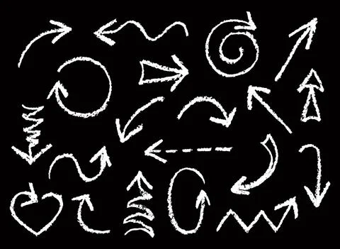 Set of hand drawn white chalk fun arrows. Hand drawn design elements. Stock Illustration
