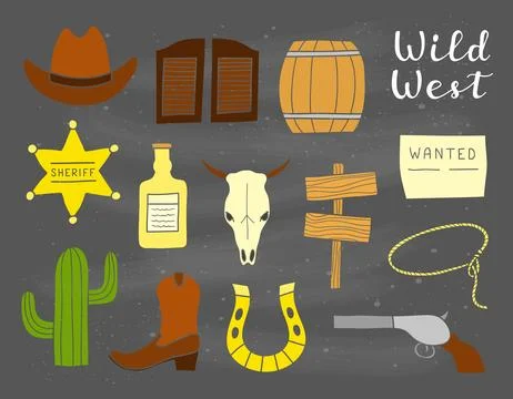 Set of hand drawn Wild West elements. Illustrazione stock