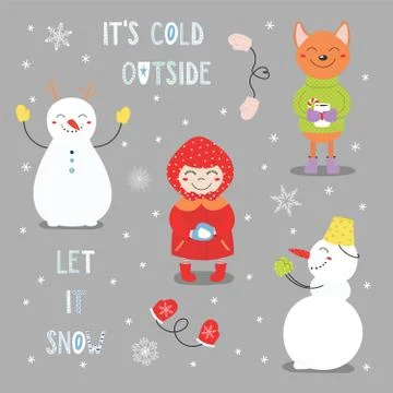 Set of hand drawn winter cartoon characters Stock Illustration