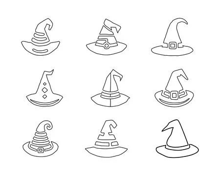Set of Hand-drawn witch hat logo for halloween branding Stock Illustration