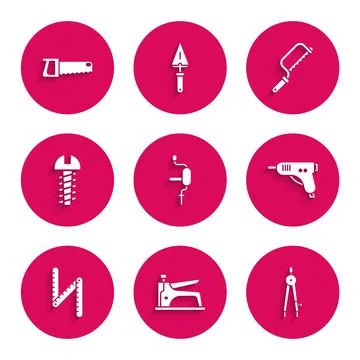 Set Hand drill, Construction stapler, Drawing compass, Electric hot glue gu.. Stock Illustration