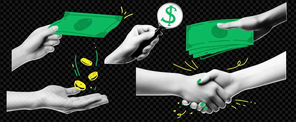 Set of hand elements with money for collages. Halftone effect. Retro Illustrazione stock