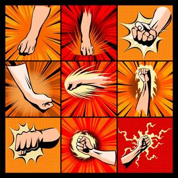 Set of hand fists with comics background. Blow fists flat cartoon banner. Vector Stock-Illustration