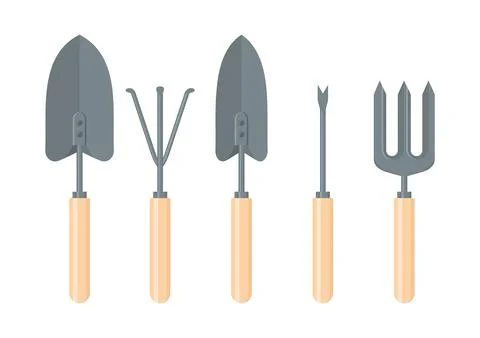 A set of hand garden tools. Weeder, rake, spades and fork Stock Illustration