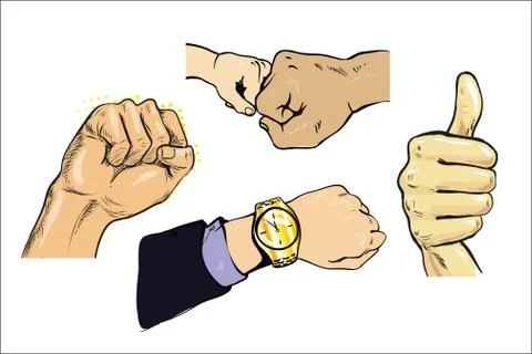 Set of hand gestures thumb isolated comic book pop art, vector hand drawn Stock Illustration