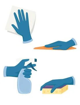 Set of hand in gloves use cleaning tools spray bottle foam rubber sponge and  Stock Illustration
