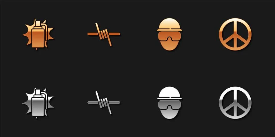 Set Hand grenade, Barbed wire, Special forces soldier and Peace icon. Vector Stock Illustration