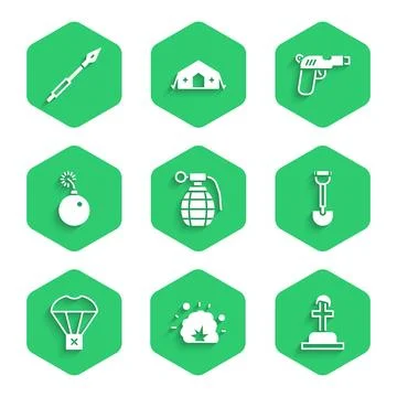 Set Hand grenade, Bomb explosion, Soldier grave, Sapper shovel, Box flying .. Stock Illustration