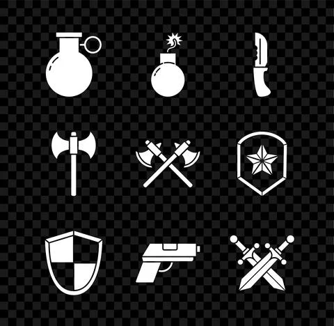 Set Hand grenade, Bomb ready to explode, Military knife, Shield, Pistol or gun Illustrazione stock