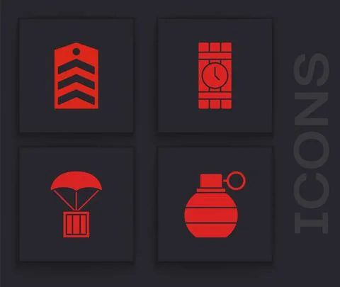 Set Hand grenade, Chevron, Dynamite timer clock and Airdrop box icon. Vector Stockillustratie