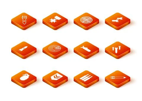 Set Hand grenade, Chevron, Nuclear rocket, Radar with targets, Bullet, Submarine Stock Illustration