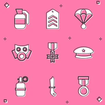 Set Hand grenade, Chevron, Parachute, Gas mask, Military reward medal, beret Stock Illustration