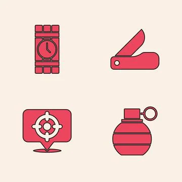 Set Hand grenade, Dynamite timer clock, Swiss army knife and Target sport icon Stock Illustration