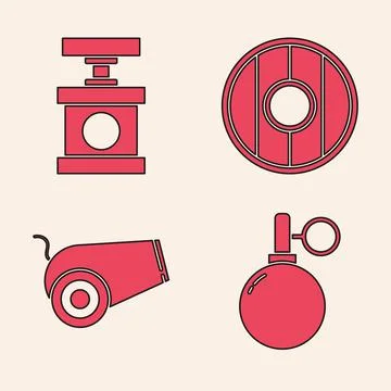Set Hand grenade, Handle detonator for dynamite, Round wooden shield and Cannon Illustration