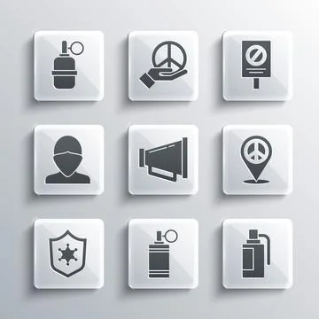 Set Hand grenade, Location peace, Megaphone, Police badge, Vandal, and Protest Stock Illustration