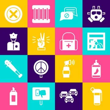 Set Hand grenade, Pepper spray, Broken window, Speech bubble chat, showing two Stock Illustration