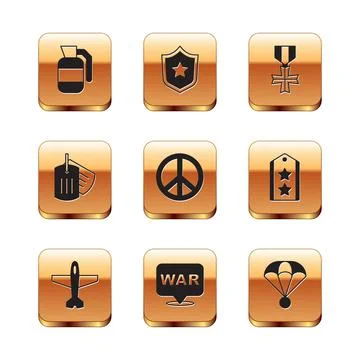 Set Hand grenade, Plane, The word war, Peace, Military dog tag, reward medal 스톡 일러스트