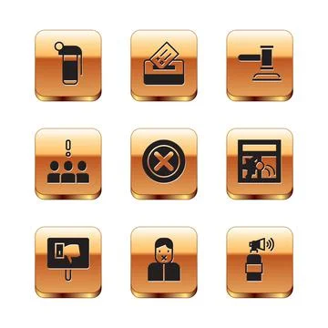 Set Hand grenade, Protest, Censor freedom of speech, X Mark, Cross in circle Stock Illustration