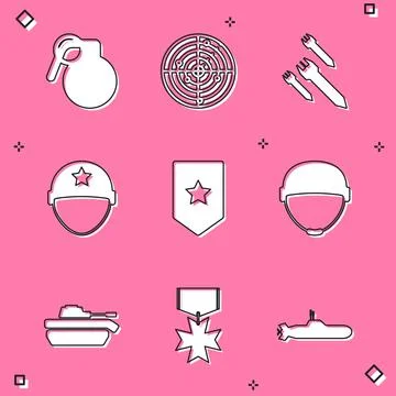 Set Hand grenade, Radar with targets, Rocket, Military helmet, Chevron, tank and Illustrazione stock