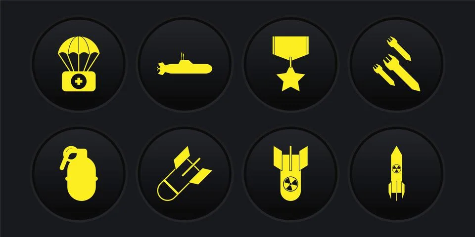 Set Hand grenade, Rocket, Aviation bomb, Nuclear, Military reward medal Stock Illustration