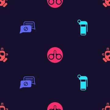 Set Hand grenade, Speech bubble chat, Handcuffs and Gas mask on seamless pattern Stock Illustration