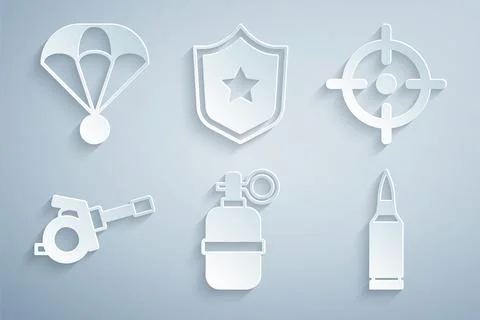 Set Hand grenade, Target sport, Howitzer, Bullet, Police badge and Parachut.. Stock Illustration