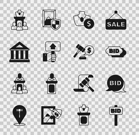 Set Hand holding auction paddle, Bid, Auction jewelry sale, Museum building, and Ilustración de archivo