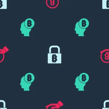 Set Hand holding Bitcoin, Lock with bitcoin and think on seamless pattern Illustrazione stock