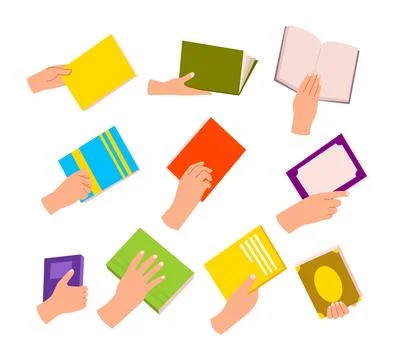Set of hand holding book set collection, Book in hands, Read books lovers. .. Stock Illustration