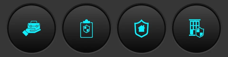 Set Hand holding briefcase, Document with shield, House and icon. Vector Stock Illustration