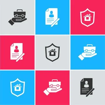 Set Hand holding briefcase, Document with shield and House icon. Vector Stock Illustration