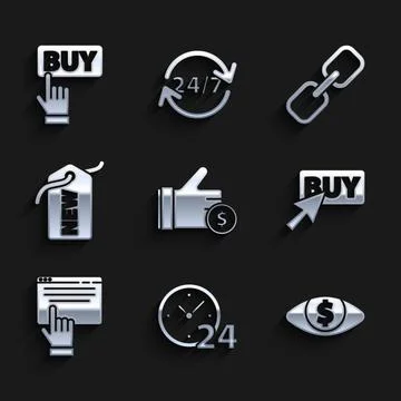 Set Hand holding coin, Clock 24 hours, Eye with dollar, Buy button, Online Stock Illustration