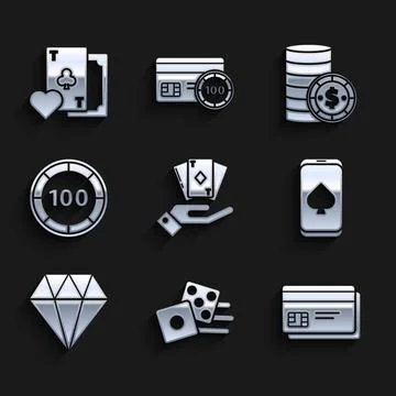 Set Hand holding deck of playing cards, Game dice, Credit, Online poker table Stock Illustration