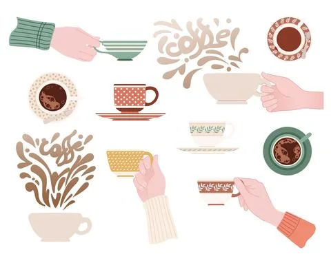 Set of hand holding different ceramic mugs with patterns tea cup on saucer Stock Illustration