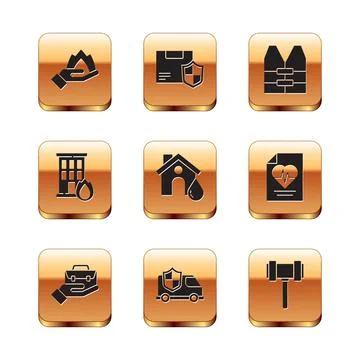 Set Hand holding a fire, briefcase, Car with shield, House flood, Fire burning Ilustración de archivo