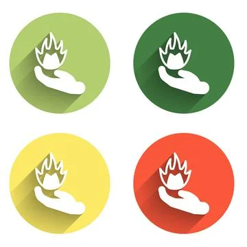 Set Hand holding a fire icon isolated with long shadow background. Color ci.. Stock Illustration
