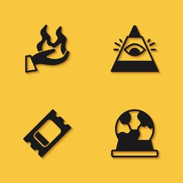Set Hand holding fire, Magic ball, Circus ticket and All-seeing eye of God icon Ilustração Stock