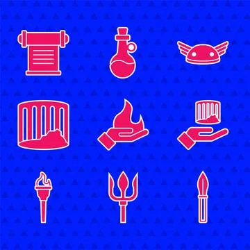 Set Hand holding a fire, Neptune Trident, Medieval spear, Ancient column, Torch Ilustración de archivo