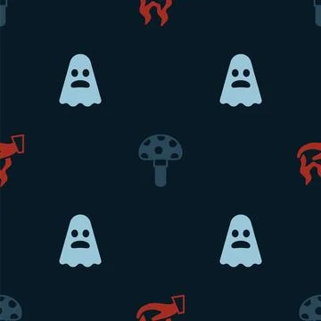 Set Hand holding fire, Psilocybin mushroom and Ghost on seamless pattern. Vector Stock Illustration