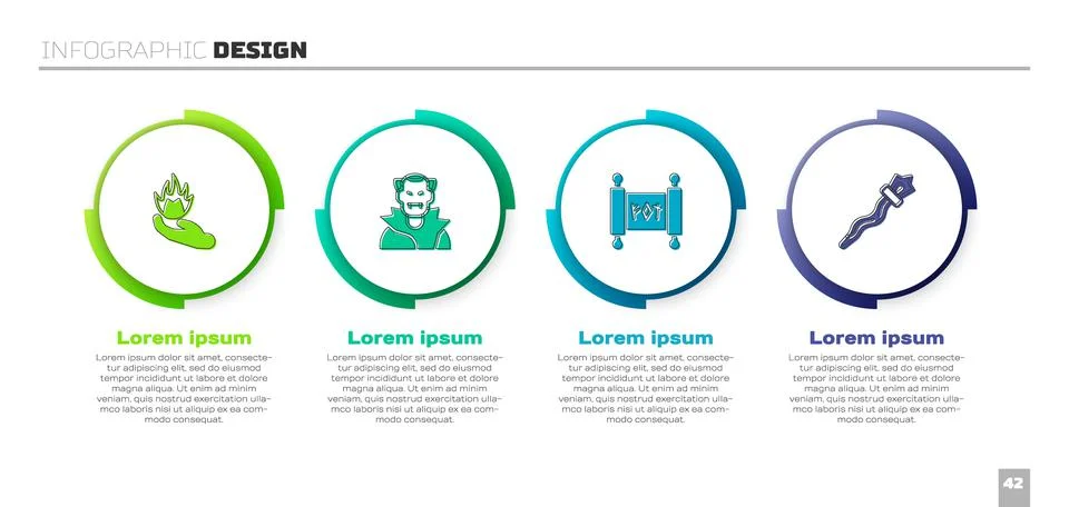 Set Hand holding a fire, Vampire, Magic scroll and staff. Business infographic Illustrazione stock