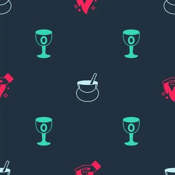 Set Hand holding fire, Witch cauldron and Medieval goblet on seamless pattern Illustrazione stock