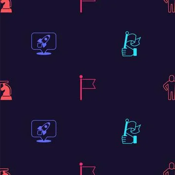 Set Hand holding flag, Rocket ship, Flag and Chess on seamless pattern. Vecto Illustrazione stock
