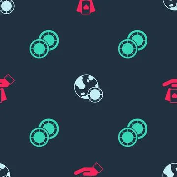 Set Hand holding playing cards, Casino chips and  on seamless pattern. Vector Illustrazione stock