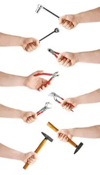 Set of hand holding a socket working tool, composition isolated over the white Stock Photos