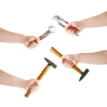 Set of hand holding a working tool, composition isolated over the white Stock Photos